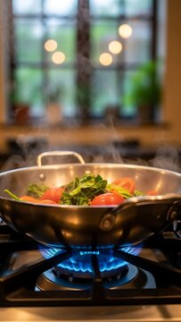 Cooking Vegetables in a Silver Pan on a Blue Flame Gas Stove