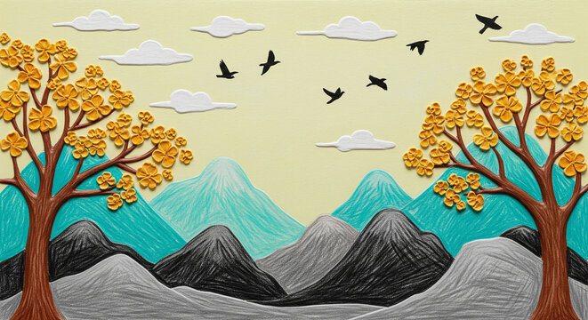 Brown Trees with Golden Flowers with floral botanical wallpaper, 3D wallpaper for home interior, digital printing, 3d mural wallpaper, frame canvas prints