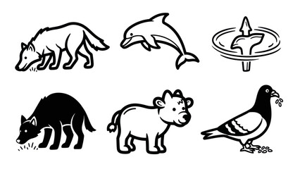 Black and white animal icons wolf dolphin cow pigeon and more