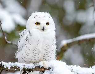 Cute white polar owl on frozen snowy tree branch in wintertime.