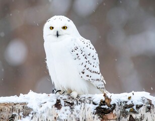 Cute white polar baby owl on frozen snowy tree branch in wintertime.