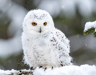 Cute white polar baby owl on frozen snowy tree branch in wintertime.