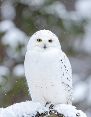 Fototapeta premium Cute white polar baby owl on frozen snowy tree branch in wintertime.