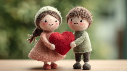 Cute felt girl and boy dolls holding a red heart shaped box with wool textures and knitting details in an indoor scene with pink green tones natural light solid colors and high definition
