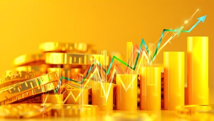 Abstract financial concept combining gold coins, city lights, and digital trading charts, representing investment growth, inflation impact, economic trends, cryptocurrency markets, and modern finance 