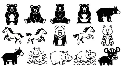 Black and white animal illustrations bear horse hippo goat vector design