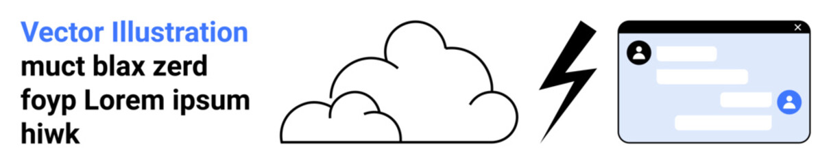 Obraz premium Cloud computing, data sharing, online communication, messaging apps, flash storage, wireless services. Visual elements include a cloud, a lightning bolt and a messaging interface. Cloud computing