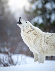 Single wild white polar wolf howling on winter snowy forest background.