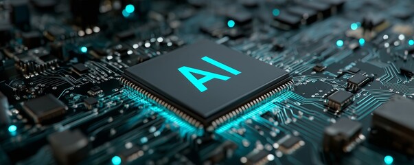 motherboard with ai written on it. Concept AI (Artificial Intelligence) technology, chip IC on PCB, PCB circuit board, microprocessor --ar 5:2