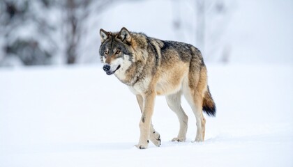 Fototapeta premium Single wild grey wolf walking on white winter snow background.