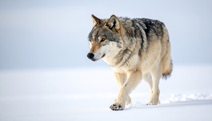 Single wild grey wolf walking on white winter snow background.