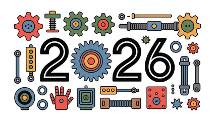 Obraz premium Innovation Gears: A visually compelling illustration showcases the numbers 2026 creatively integrated with gears, mechanical components, symbolizing progress and innovation.