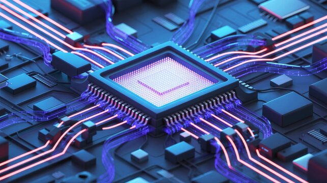 A close-up view of a futuristic microchip with glowing circuits, showcasing advanced technology and digital connections.