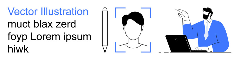 Identity verification, profile recognition, authentication, technology, online interactions, security. Profile icon with human illustration and pencil alongside a man with a laptop pointing. Identity