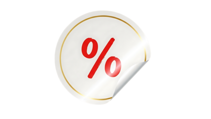 Round white sticker with red percent symbol and curled edge isolated on transparent background