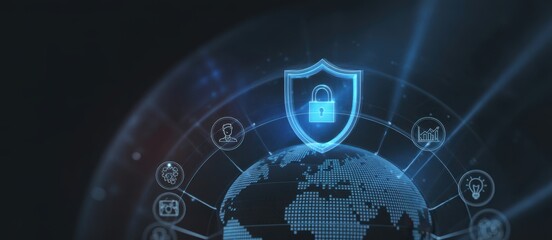 Digital Fortress: A conceptual digital image representing online security, where a glowing shield, adorned with a lock, hovers protectively over a network of interconnected nodes and data streams.