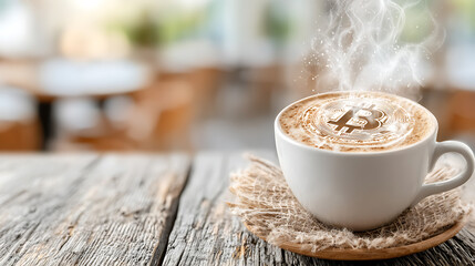 Steaming coffee cup latte art coin digital currency wooden table cafe background warm light rustic style closeup morning drink cozy mood. Steaming coffee cup with latte art coin symbol frothy
