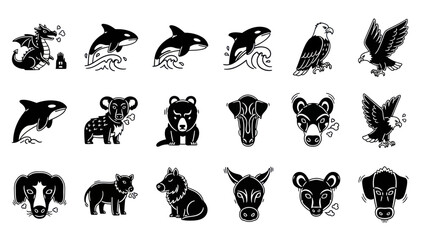 Black and white animal vector illustrations featuring various wildlife creatures