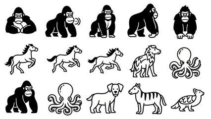 Black and white animal illustrations gorilla horse octopus dog zebra turtle © Gwe