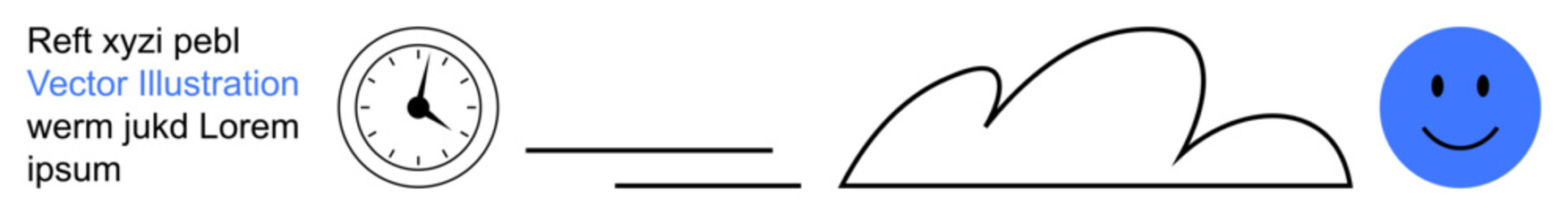 Time management, productivity, positivity, conceptual art, modern design, simplicity. Clock, line movements cloud blue happy face. Time management and productivity concept