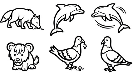 Black and white animal illustrations of fox dolphin lion and pigeon