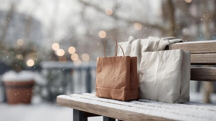 Obraz premium Wooden bench with two brown paper bags on it. the bags are placed side by side on the bench, with one bag on the left and the other on the right.