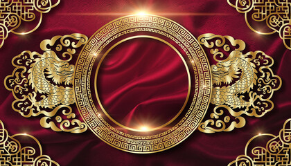 Luxury Chinese New Year 2026 background featuring an ornate golden dragon crest, intricate swirling scales, traditional cloud motifs, circular imperial frame, deep red silk texture, soft glowing highl