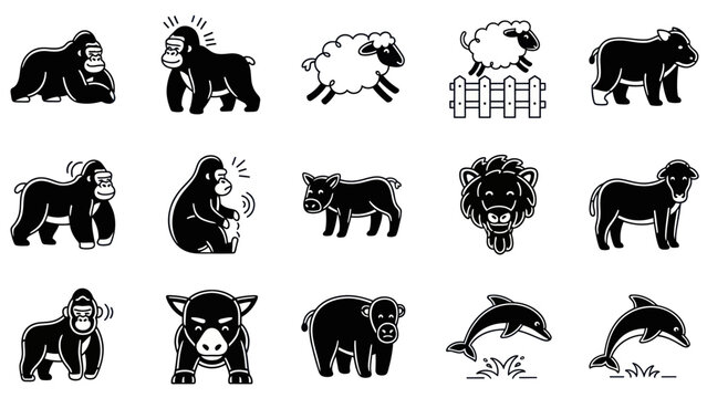 Black and white animal illustrations gorilla sheep bear dolphin and more