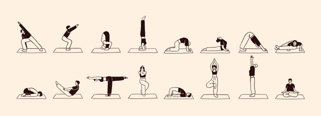 Obraz premium Doodle set of people practice yoga postures. Men and women do sports exercises, meditation in asanas. Characters are training warrior, tree and lotus poses. Flat isolated outline vector illustrations