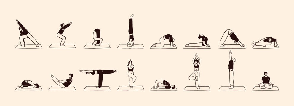 Doodle set of people practice yoga postures. Men and women do sports exercises, meditation in asanas. Characters are training warrior, tree and lotus poses. Flat isolated outline vector illustrations