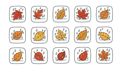 Autumn leaves in rain seasonal icon set for design and illustration