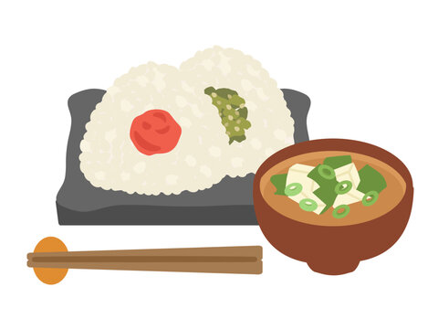 梅と高菜おにぎりの定食　イラスト