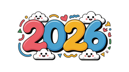 New Year 2026: A vibrant and colorful design marks the start of the year 2026 with an array of playful and happy design elements, conveying a sense of optimism and a cheerful look.
