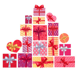 Pyramid of boxes of bright Christmas gifts