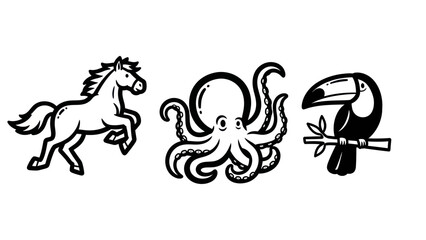 Black and white animal illustrations horse octopus and toucan vector designs