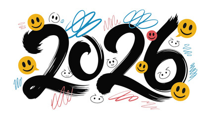 New Year Vibes: A festive artistic illustration announces the arrival of 2026, embracing a celebratory spirit. Adorned with smiling emoticons and scribbles, this image is ideal for greeting cards.