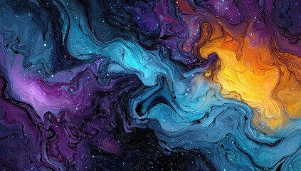 Abstract swirling cosmic artwork of blended hues of blue, purple, yellow, and orange with subtle speckles