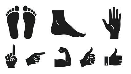Black silhouette hand feet arm icon set isolated on white background
