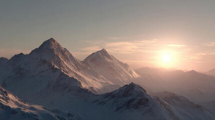 Landscape photograph of a mountain range at sunrise. the sky is a beautiful orange and pink color, with the sun partially visible in the top right corner.