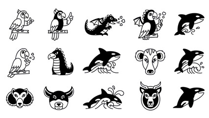 Black and white animal cartoon illustrations with varied poses and designs