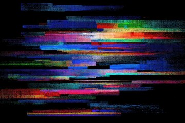 Abstract digital artwork showing horizontal color bands with pixelated distortion against a black backdrop