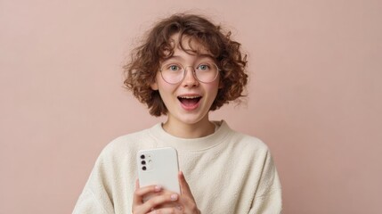 Portrait of a young woman with curly hair and glasses. she is holding a white smartphone in her hands and is looking at the camera with a surprised or shocked expression on her face.
