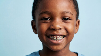 Close-up of a smiling child with colorful dental braces. Modern pediatric orthodontics, confidence and healthy teeth.