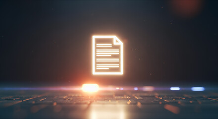 Illuminated document icon with a futuristic and technological feel. A bright document icon glows against a dark background, suggesting data and information.