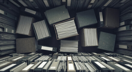A high-angle shot captures the essence of a cluttered filing cabinet, its contents overflowing with aging documents, symbolizing the weight of accumulated knowledge.