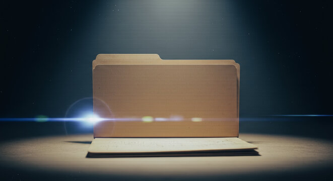 A File Folder is illuminated, exuding an aura of mystery and importance. The opened file folder on a simple surface, bathed in a directed light.
