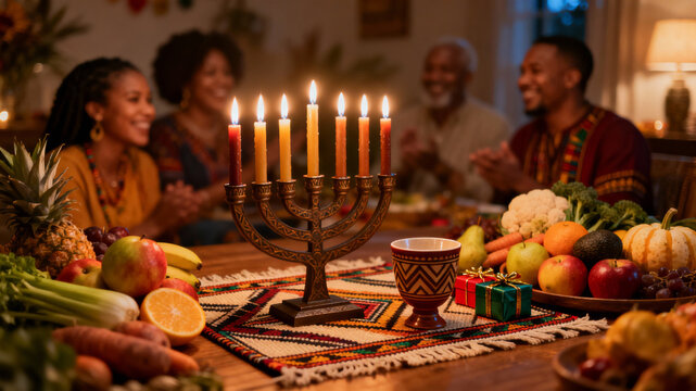 African American family celebrating Kwanzaa at home, laughing around a festive table with kinara candles, harvest fruits and symbolic unity and African heritage.