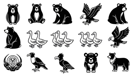 Black and white animal illustrations featuring bears eagles and ducks