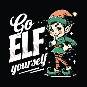 Go ELF Yourself &ndash; Playful Holiday Elf Cartoon with Santa Hat, Striped Stockings, and Sparkles on Black