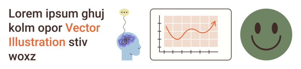 Mental health, brain activity, statistical analysis, positive emotions, data visualization, research. Brain with thought, chart with trend and happy face. Mental health and brain activity concept